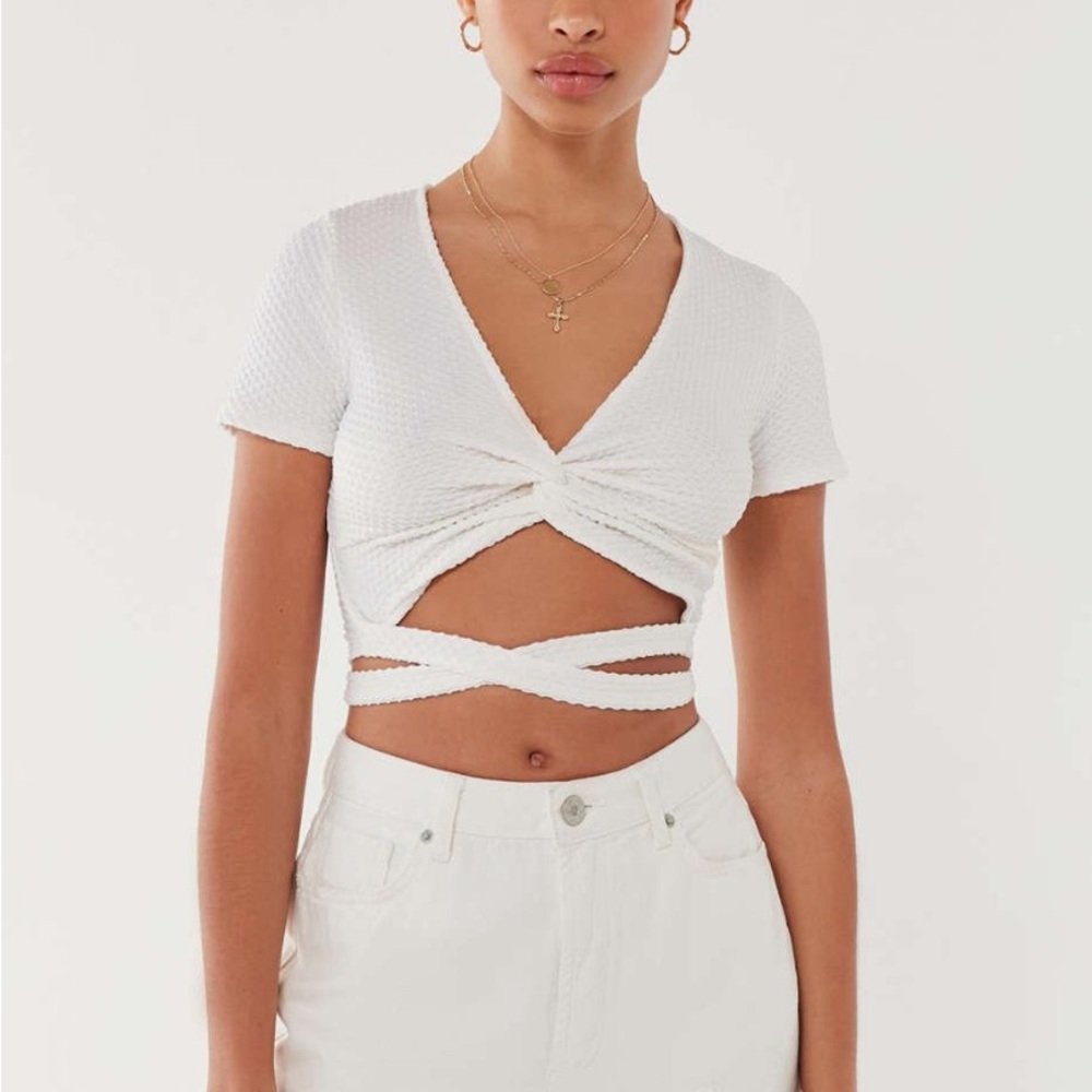 Urban Outfitters White Wrapped Short Sleeve Crop Top